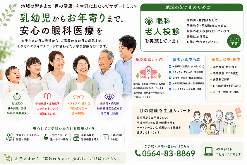 学校検診、老人検診、白内障日帰り手術対応